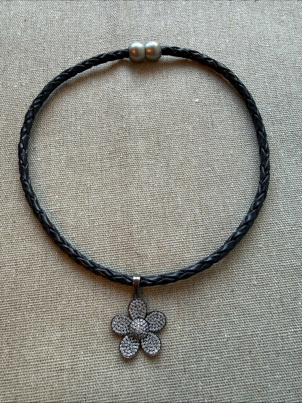 Black Braided Leather Necklace with Pavé Flower Pendant